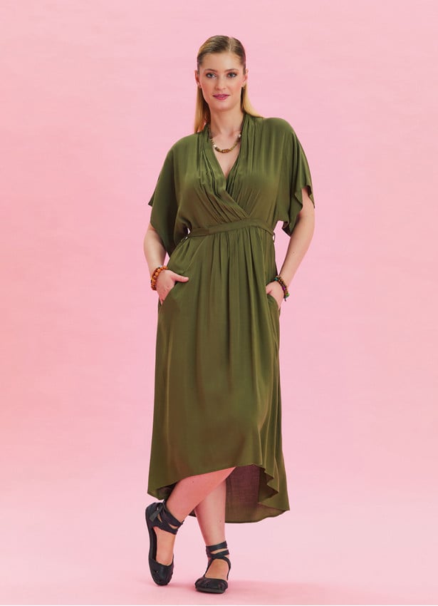 V Neck Pleated Detailed Khaki Casual Dress 4531